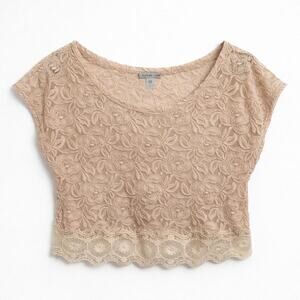 Vintage Y2K Beige Lace Crop Top Floral Sheer Romantic Charlotte Russe